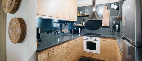 Fridge, dishwasher, cookware/dishes/utensils, dining tables