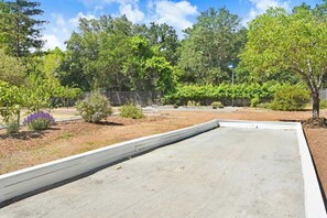 Ein Terrassenbereich aus Beton mit Holzrand, umgeben von verschiedenen Pflanzen und Bäumen.