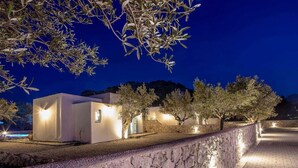 A modern building with a stone wall and olive trees. - Kalathos Aspro - Two Bedroom Villa, Sleeps 4 (Kalathos)