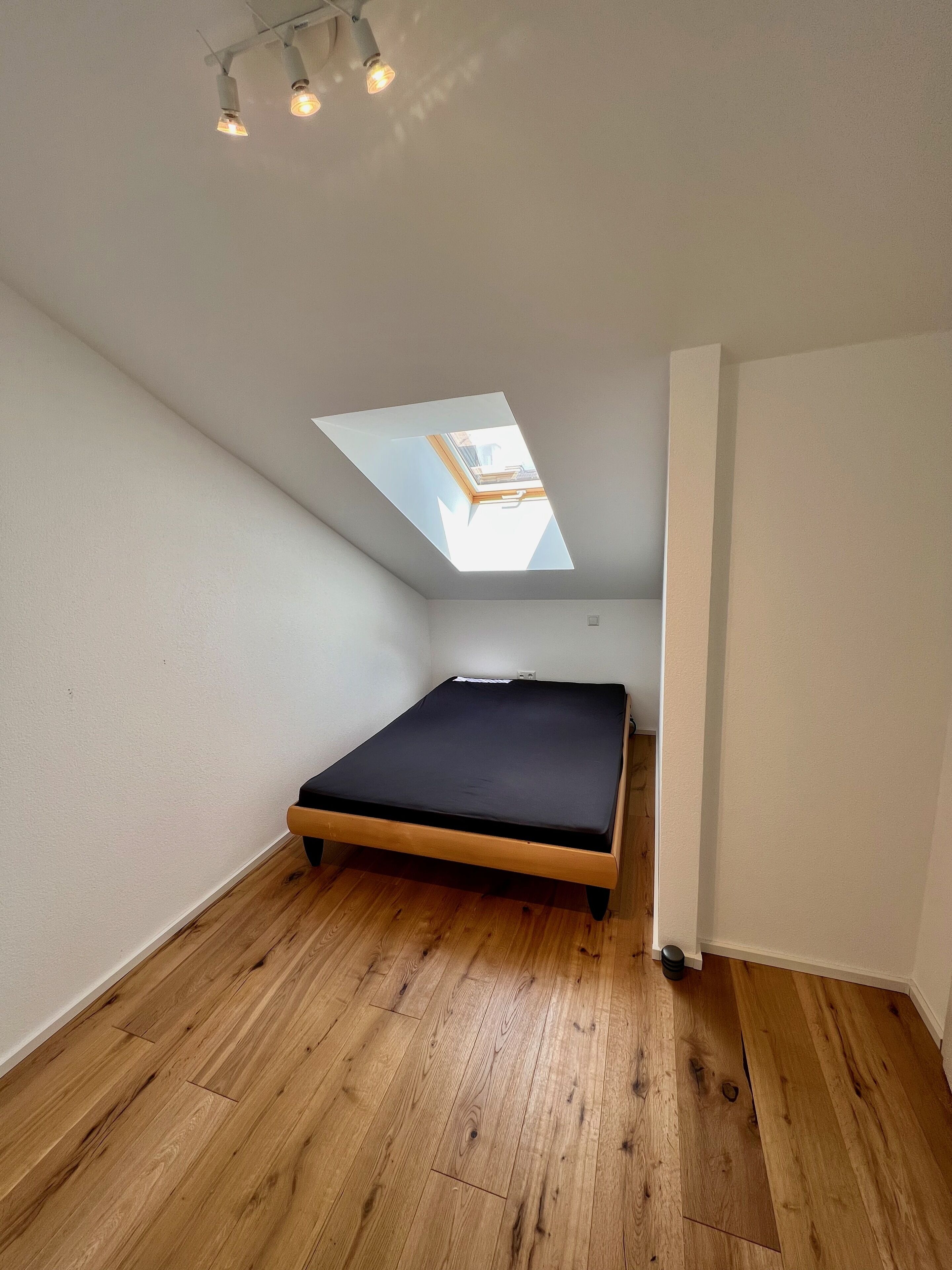 Una habitación pequeña y despejada con techo inclinado, tragaluz y suelo de madera.