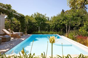 A heated pool, pool loungers