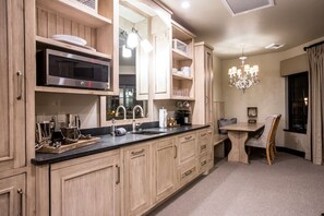 Fridge, microwave, dishwasher, coffee/tea maker