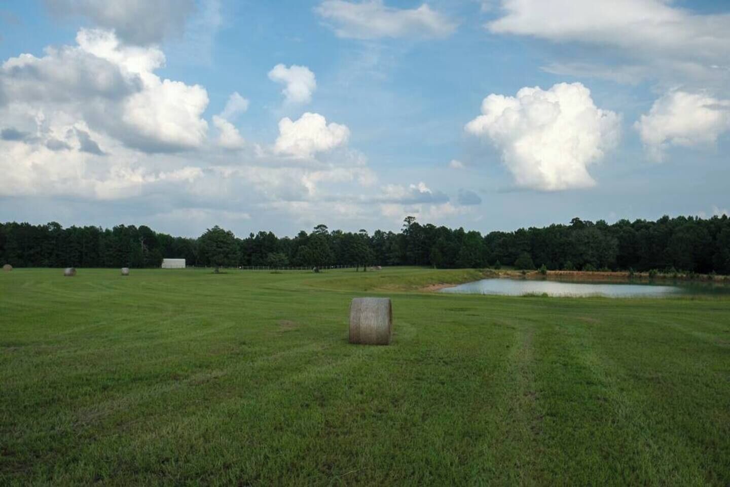 Un campo extenso con un pequeño estanque, fardos de heno y un edificio distante.