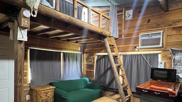 A rustic cabin interior with a loft bed, a green sofa, a wooden chest, and a ladder.