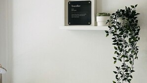 A minimalist living room with a white wall, a framed sign, and a hanging plant.