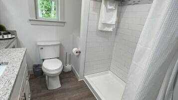 A bathroom with a toilet, shower, and a window.