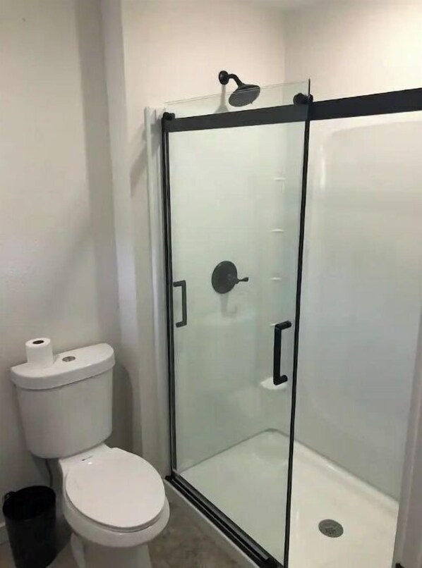 A glass-enclosed shower stall adjacent to a toilet, with a visible showerhead and control panel. - Great retreat! Close to lake and marina (Mountain Home)
