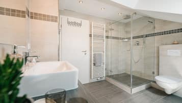 Ducha, secador de pelo, toallas, jabón