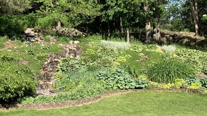 Un jardín ajardinado con diversas plantas y un pequeño elemento acuático.