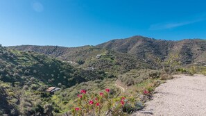A rural landscape with terraced fields, a gravel path, and a distant building on a hill. - Casa La Fuente Pinta Arenas by Ruralidays (Málaga)