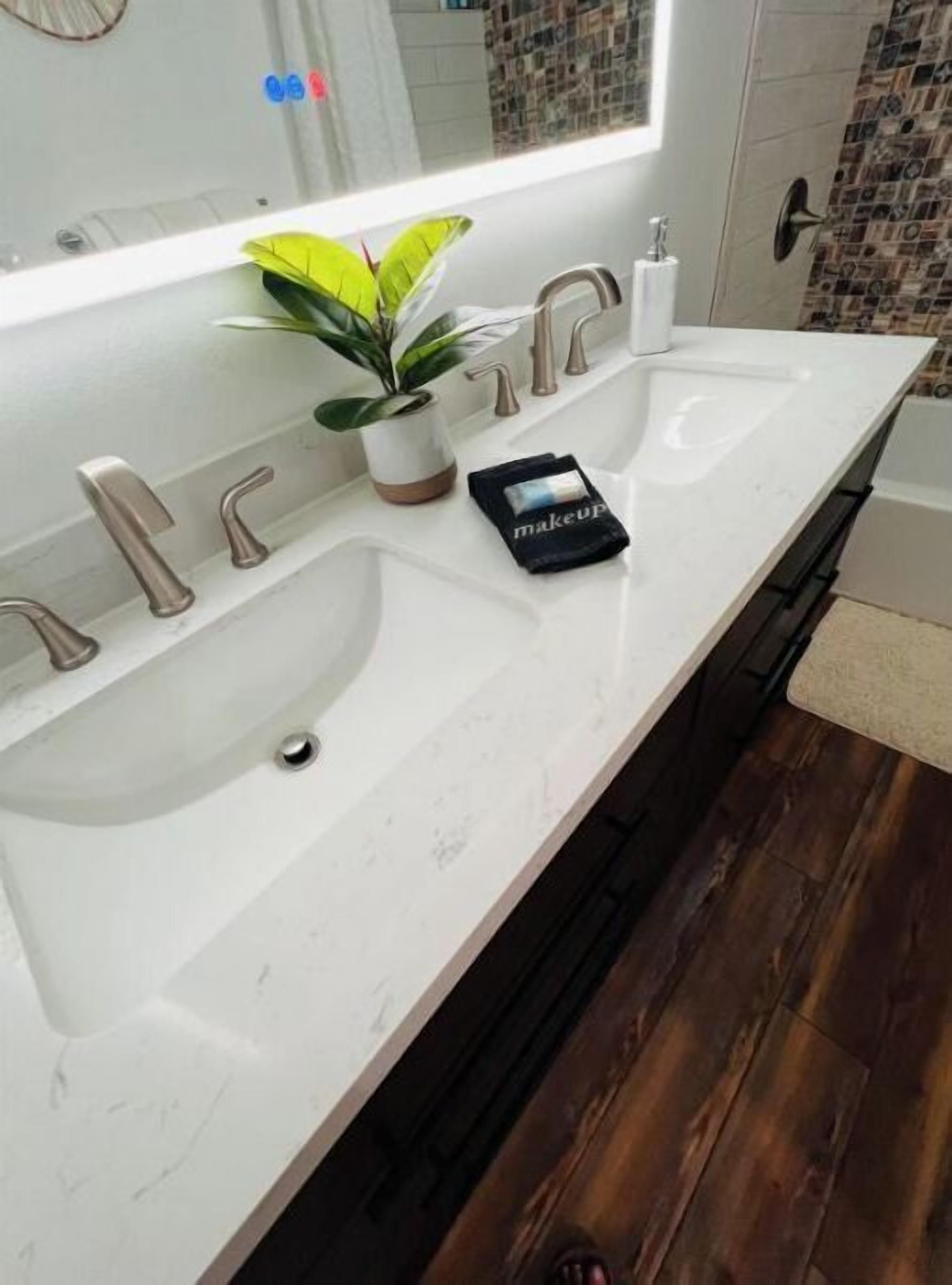 A bathroom with a white sink, a potted plant, and a makeup bag.