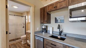 Shower, hair dryer, bidet, towels