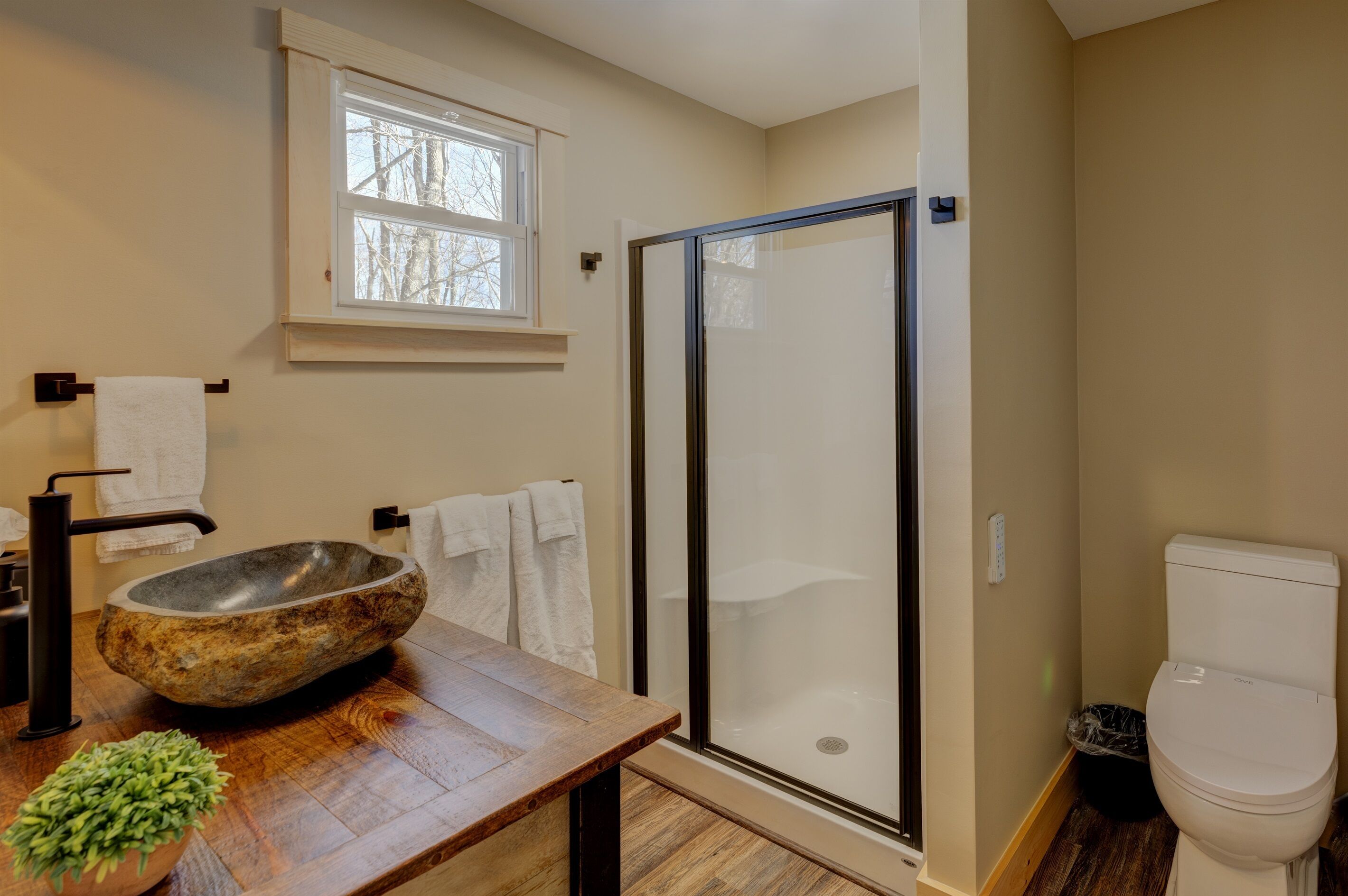 A bathroom with a stone basin, a glass shower enclosure, and a toilet.