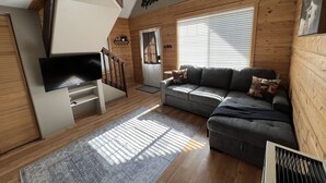 Ett modernt vardagsrum med en grå soffa, träpanel på väggarna, en platt-TV och en mönstrad matta.