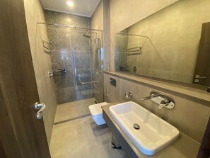 Shower, hair dryer, towels, toilet paper