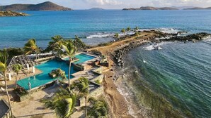 A resort with a swimming pool, palm trees, and a beach with rocky shoreline.