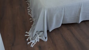Un dormitorio con cama, mesita de noche, una silla y una planta pequeña.