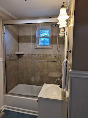 Combined shower/tub, hair dryer, towels, soap