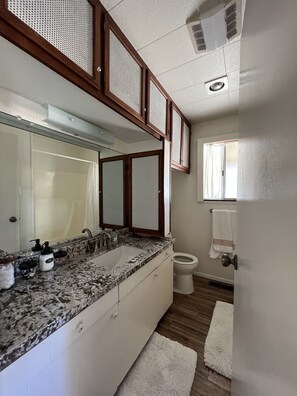 Combined shower/bathtub, towels, soap, toilet paper