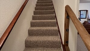 A carpeted staircase with wooden handrails, leading to a door with a window above it.