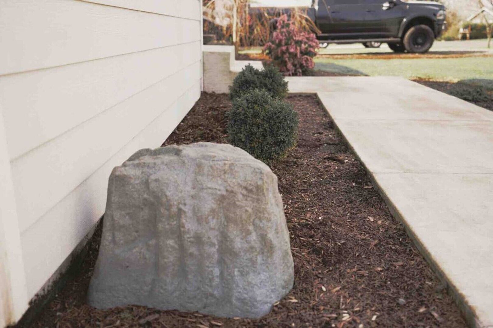 A large rock in a landscaped area with mulch, a small bush, and a concrete path.