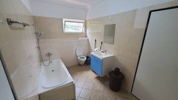 Combined shower/tub, towels, soap, toilet paper