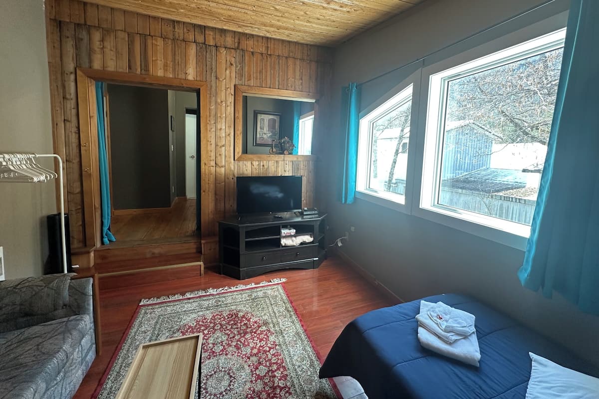 Una habitación con techo de madera, televisión, cama, alfombra y ventana con cortinas.