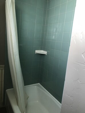 Combined shower/tub, hair dryer, towels, soap