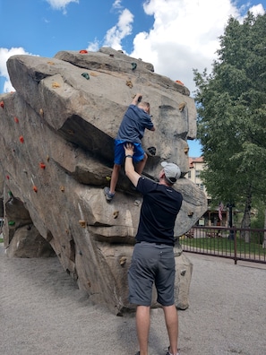 Guests can enjoy a challenging rock climbing wall with handholds and footholds.