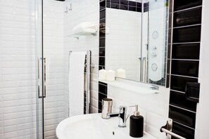 Shower, hair dryer, bidet, towels