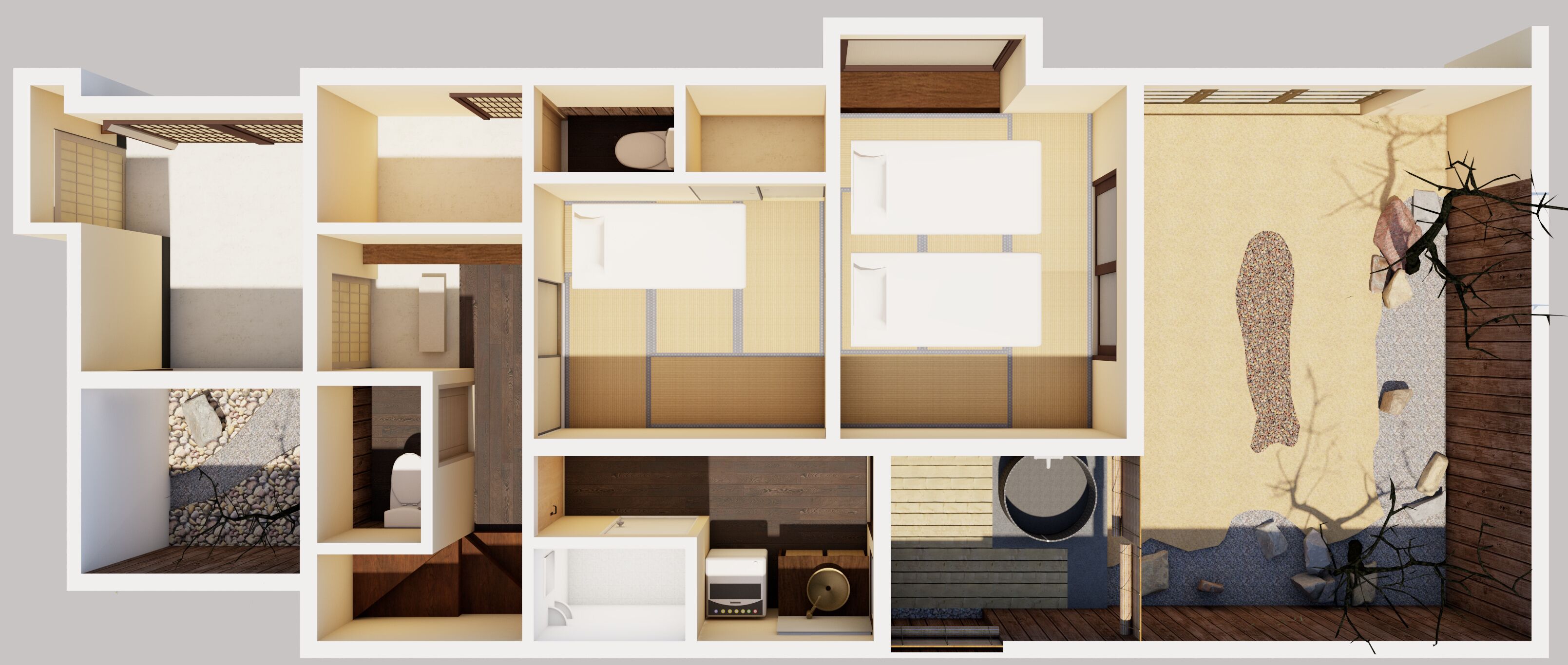 A modern interior with a kitchen, dining area, and living spaces.