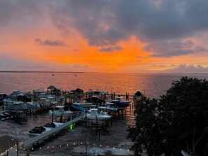 A marina at sunset with boats docked, a pier extending into the water, and a distant shoreline. - Moon Bay Condo, Paradise Found! Heated pool/marina (Key Largo)