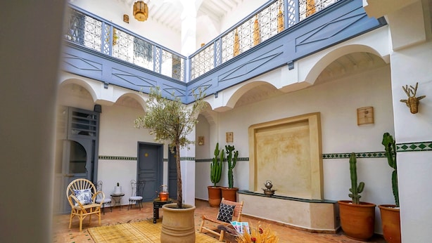 A spacious courtyard with a central tree, potted cacti, wicker furniture, and a tiled floor. - Charming morrocan Riad & Spa in Marrakech (MARRAKECH)