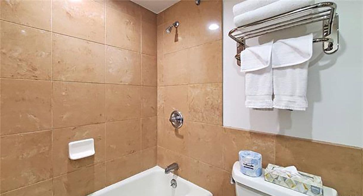 A bathroom with a bathtub, a toilet, and a towel rack with towels.