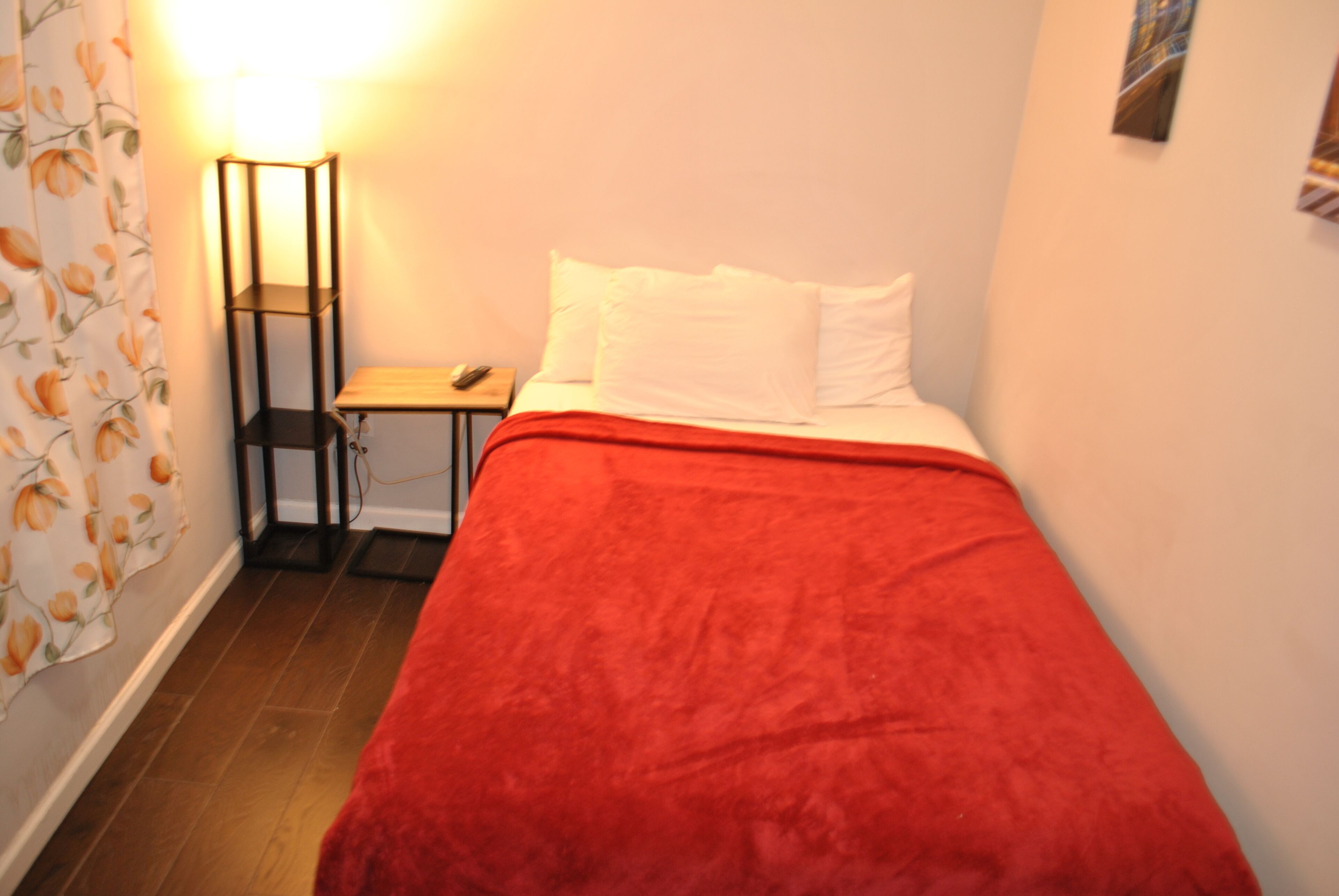 A small, cozy room with a single bed, a nightstand, a lamp, and a curtain with a leaf pattern.