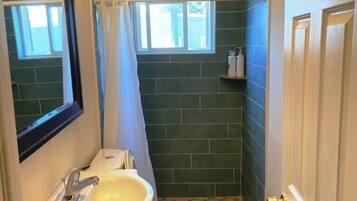 Shower, rainfall showerhead, hair dryer, soap