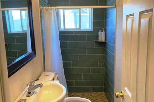 Shower, rainfall showerhead, hair dryer, soap