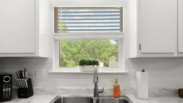 A kitchen with a double sink, a potted plant on the window sill, and a countertop with a soap dispenser. - Brookswood #A xxxxxx (Austin)