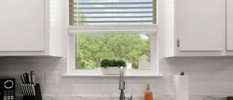 A kitchen with a double sink, a potted plant on the window sill, and a countertop with a soap dispenser.