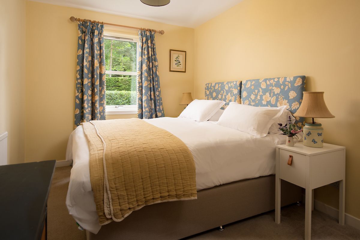 A bedroom with a bed, a bedside table with a lamp, a window with curtains, and a framed picture on the wall.