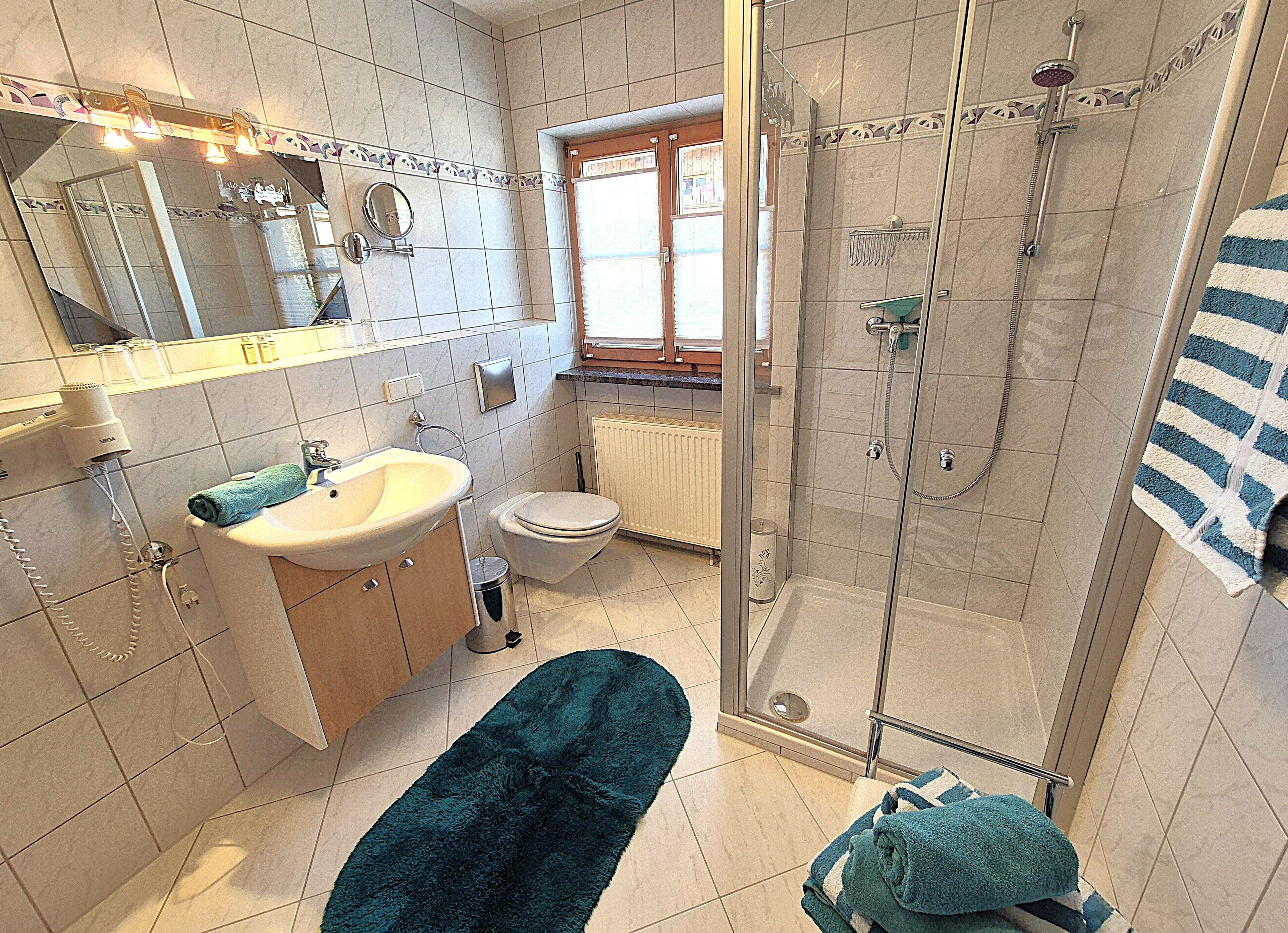 Un baño con ducha, inodoro, lavamanos y espejo.