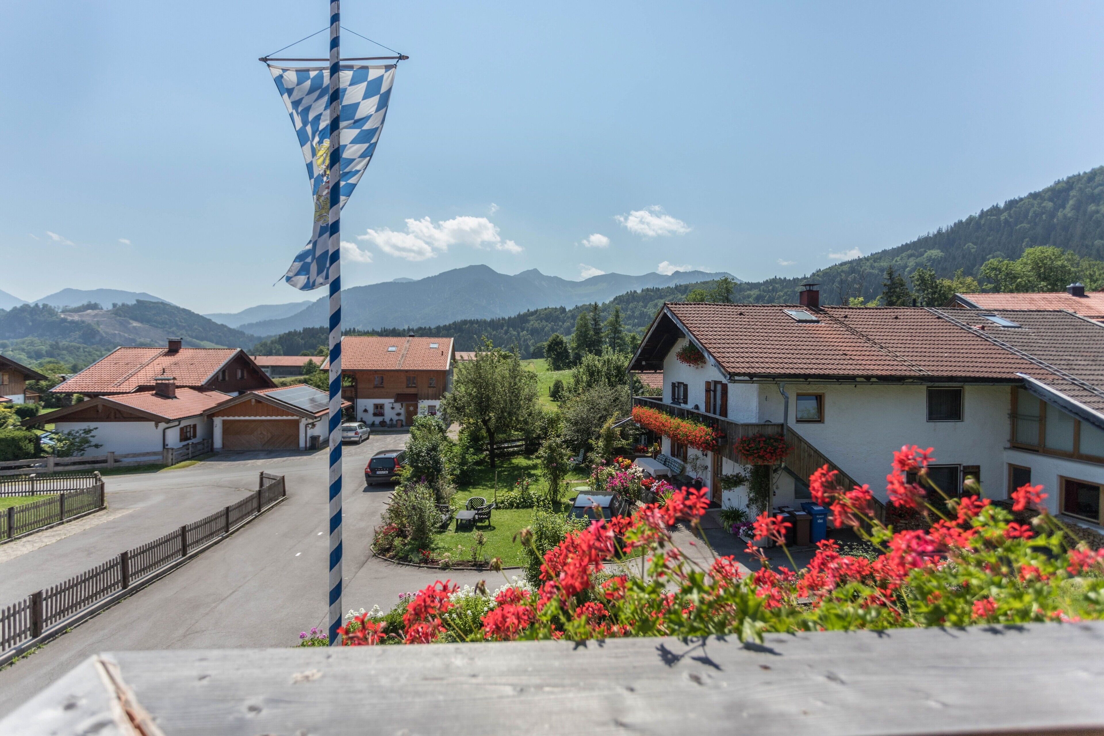 A residential area with houses, a flag, and mountains in the background.