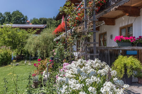 Une maison traditionnelle en bois, dotĂ©e dâun balcon, entourĂ©e dâune vĂ©gĂ©tation luxuriante et de plantes en fleurs.