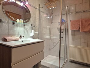 A modern bathroom with a glass-enclosed shower, a vanity with a mirror, and a towel rack.