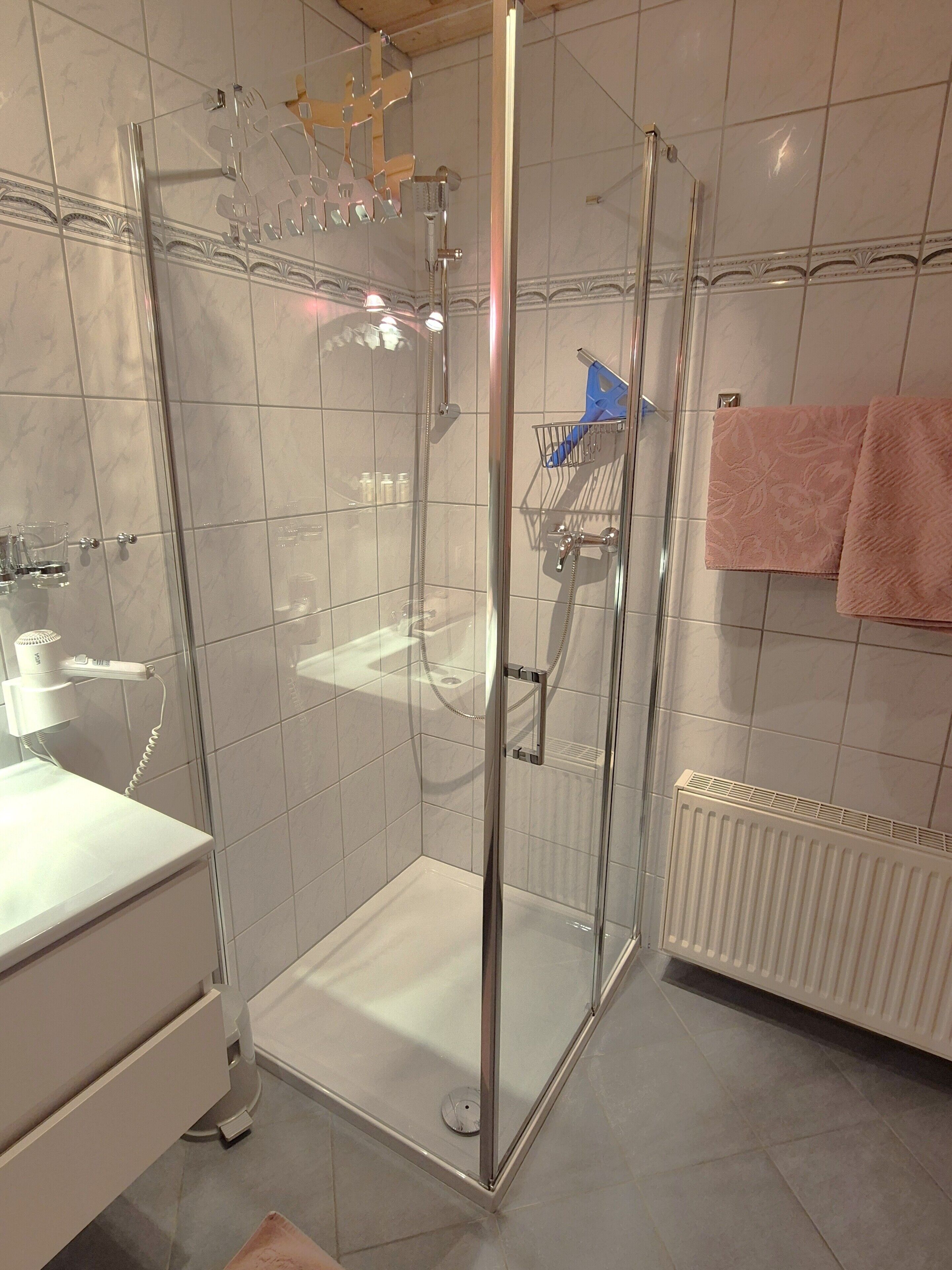 A modern bathroom with a glass-enclosed shower, a white sink, and a towel rack.