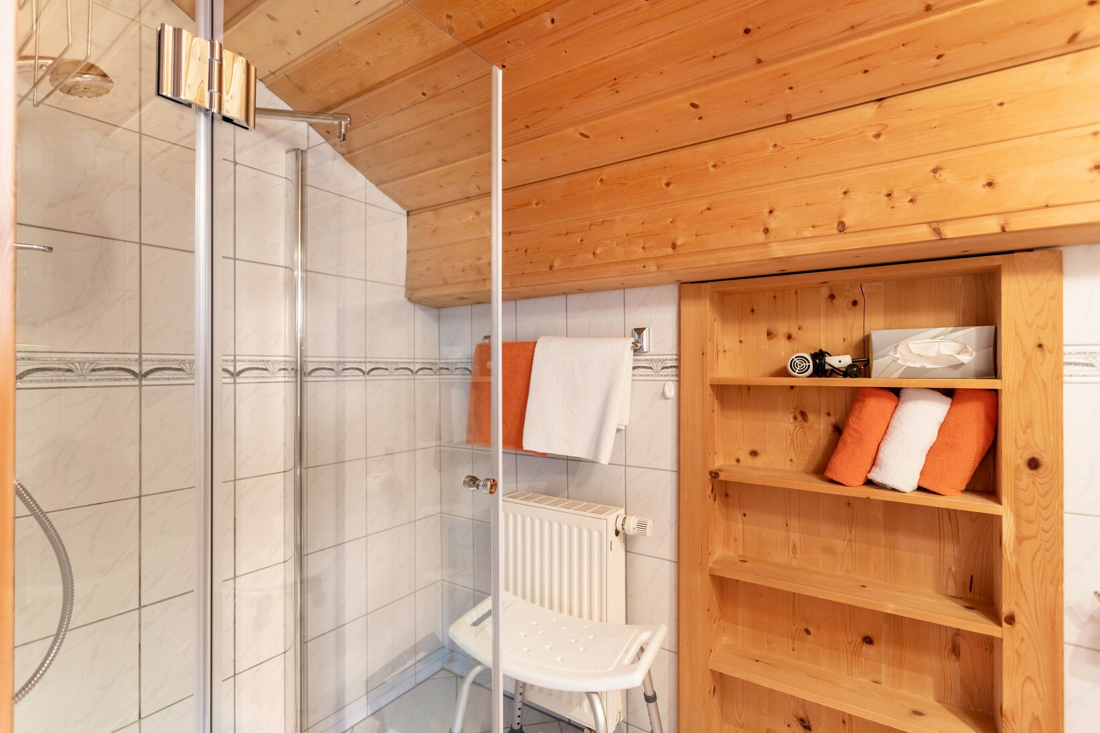 Shower, hair dryer, towels