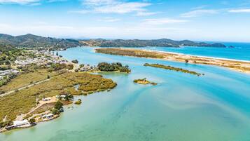 On the beach, sun-loungers, beach towels