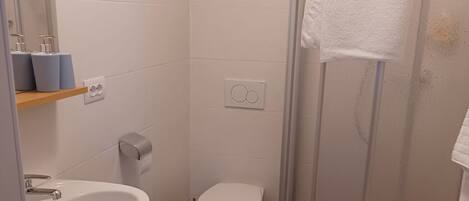 A bathroom with a sink, toilet, and shower.