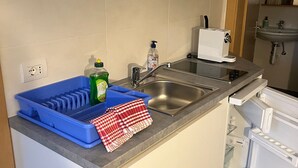 Eine Küche mit einem Doppelwaschbecken, einem blauen Geschirrgestell, einem rot-weißen Karomuster-Tuch, einer Handseifenflasche und einem weißen Toaster.