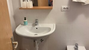Ein Badezimmer mit einem weißen Waschbecken, einem Bidet, einem Spiegel und einem Holzboden mit Pflegeprodukten.
